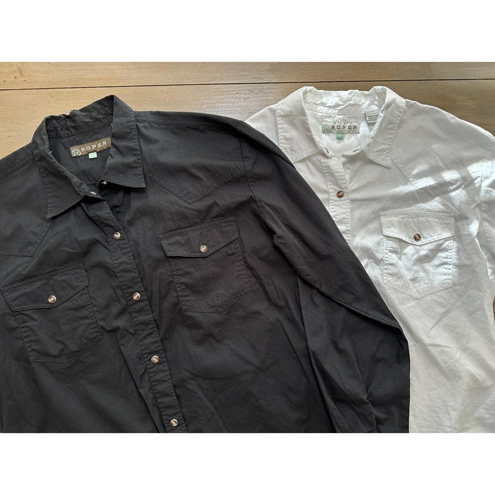 Lot of 2 Roper Western Snap Shirts Womens Medium Black White Cowboy Long Sleeve‎